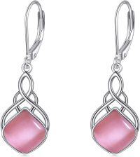 wholesale Sterling Silver Nature Stone Celtic Knot Leverback Dangle Earrings for Women Girls-Pink opal irish earrings