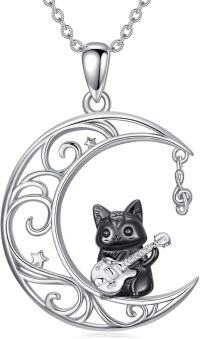 wholesale 925 Sterling Silver Moon & Cat Guitar Pendant Necklace for Women Girls Gifts-Moon Cat-4