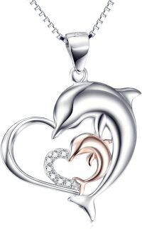 wholesale 925 Sterling Silver Two-Tone Eternal Love Double Heart Dolphin Pendant Necklace for Women (Rose Gold Dolphin Necklace 18'')-A Dolphin necklace with 18\"