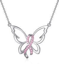 wholesale 925 Sterling Silver Pink Ribbon Butterfly Dragonfly Cross Pendant Necklace for Breast Cancer Awareness Survivors Gift-Butterfly Pink Ribbon