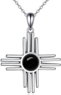 wholesale Sterling Silver Moonstone Opal Obsidian Carnelian Zia Sun Necklace-Obsidian