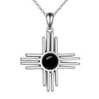 wholesale 925 Sterling Silver Sun Cross Necklace Wholesale With Red Gemstone Pendant-Obsidian