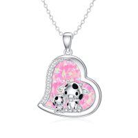 wholesale 925 Sterling Silver Mom Heart Shape Animal Pendant Necklaces for Women Girls Family Love Gift-05-16-Cow-Pink Opal