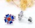 wholesale 925 Sterling Silver Blue Opal Pink Sapphire Red Coral Flower Stud Earrings - Chinese Style  for Women Girls-0-2