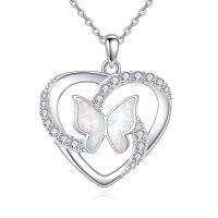 wholesale 925 Sterling Silver Opal Butterfly Heart Pendant Necklace-Opal