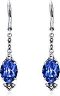 wholesale 925 Sterling Silver 9mm Oval Birthstone Vintage Leverback Dangle Drop Earrings-Sapphire Blue