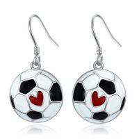 wholesale 925 Sterling Silver Soccer Ball Earrings With Red Heart Detailing-Soccer with Heart