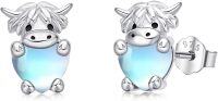 wholesale 925 Sterling Silver Blue Opal Cow Stud Earrings for Sensitive Ears-Highland Cow-Moonstone