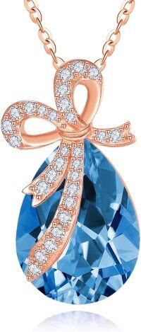 wholesale 925 Sterling Silver Crystal Bow Teardrop Birthstone Pendant Necklace-12-Dec-Topaz Blue
