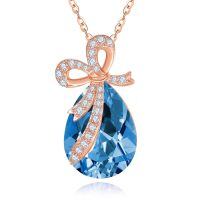 wholesale 925 Sterling Silver Red Crystal Bow Pendant Necklace-12-Dec-Topaz Blue