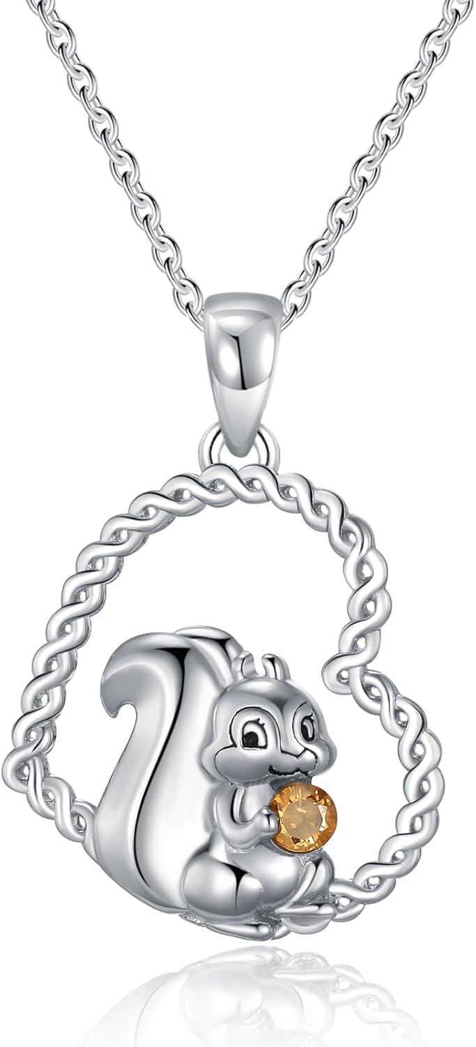 925 Sterling Silver Squirrel Pendant Necklace with Citrine Gemstone and Twisted Rope Chain for Women Girls  43cm Length-0-0
