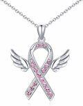 wholesale 925 Sterling Silver Pink Ribbon Angel Wings Breast Cancer Awareness Pendant Necklace for Women Gifts-0-0