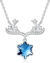 wholesale 925 Sterling Silver 925 Blue Crystal Snowflake Deer Antler Pendant Necklace for Women and Girls-Reindeer Snowflake