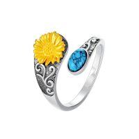 wholesale 925 Sterling Silver Turquoise Adjustable Flower Ring Women s Gift-Sunflower