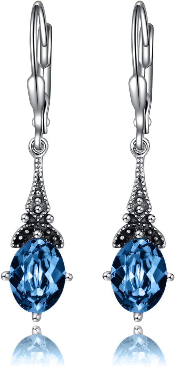 Sterling Silver Austrian Crystal Vintage Drop Dangle Leverback Earrings-London Blue