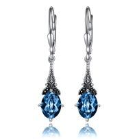 wholesale 925 Sterling Silver Blue Topaz Oval Cut Vintage Style Leverback Earrings-London Blue