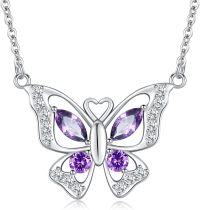 wholesale 925 Sterling Silver Purple Crystal Butterfly Pendant Necklace for Women Gifts for Her Valentines Day Jewelry-D-Crystal-Purple2