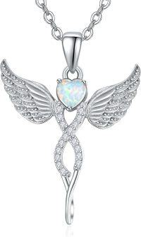 wholesale Sterling Silver Angel Birthstone Necklace with 12 Crystal Gemstones for Women, Adjustable Chain, Gift Box-10-Oct-Lab Created Opal