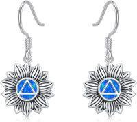 wholesale 925 Sterling Silver Blue Opal Lotus Flower Triangle Symbol Dangle Earrings-Sunflower AA Earrings
