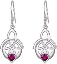 wholesale 925 Sterling Silver Birthstone Irish Celtic Claddagh Love Heart Drop Dangle Earrings-07-July(Ruby)
