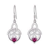 wholesale 925 Sterling Silver Birthstone Irish Celtic Claddagh Love Heart Drop Dangle Earrings-07-July(Ruby)
