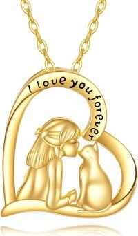 wholesale 14K Gold Heart-Shaped Cat and Girl Pendant Necklace - I Love You Forever Message-Cat