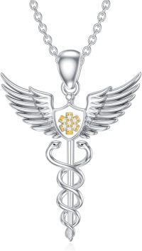 wholesale 925 Sterling Silver Lab-Grown Cubic Zirconia Medical Symbol Pendant Necklaces with Wings and Snakes for Doctors' Graduation Gift-Caduceus