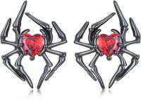 wholesale 925 Sterling Silver Spider Heart Stud Earrings with Red Crystal - Gothic Style Jewelry for Women and Girls-Spider