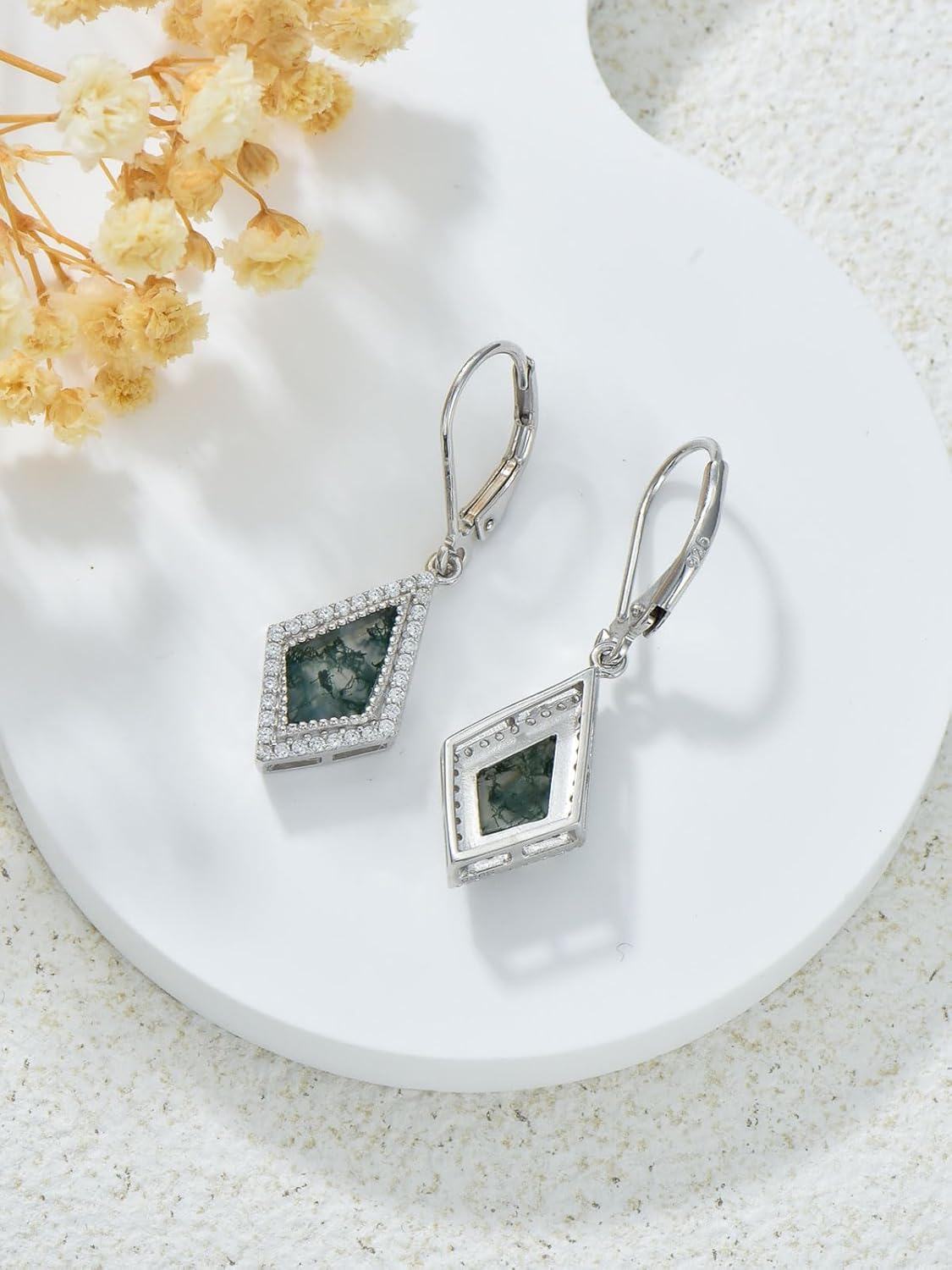 wholesale 925 Sterling Silver Cubic Zirconia Accent Moss Agate Drop Earrings for Women-0-3