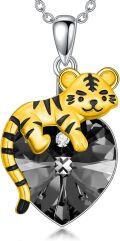 wholesale 925 Sterling Silver Yellow Gold Plated Cubic Zirconia Black Crystal Tiger Heart Pendant Necklace for Women-0-0