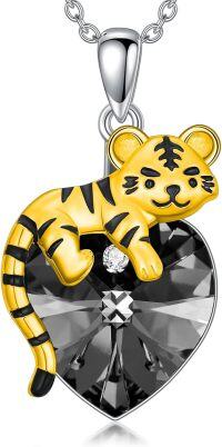 wholesale 925 Sterling Silver Yellow Gold Plated Cubic Zirconia Black Crystal Tiger Heart Pendant Necklace for Women-Black
