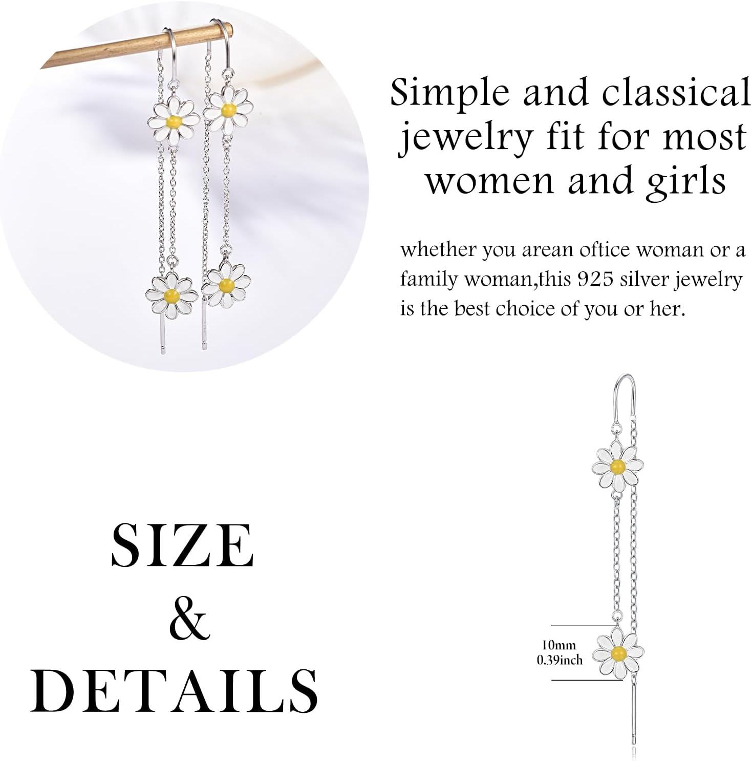 925 Sterling Silver Daisy Flower Drop Earrings for Women Girls  925 Sterling Silver Chain Long Hanging Earings Minimalist Fashion Accessories Lightweight Hypoallergenic Nickel Free Safe Everyday Wear Trendy Bohemian Style Statement Piece Unique Birthday Christmas Valentine's Day Present Idea Under $30 USD-0-4