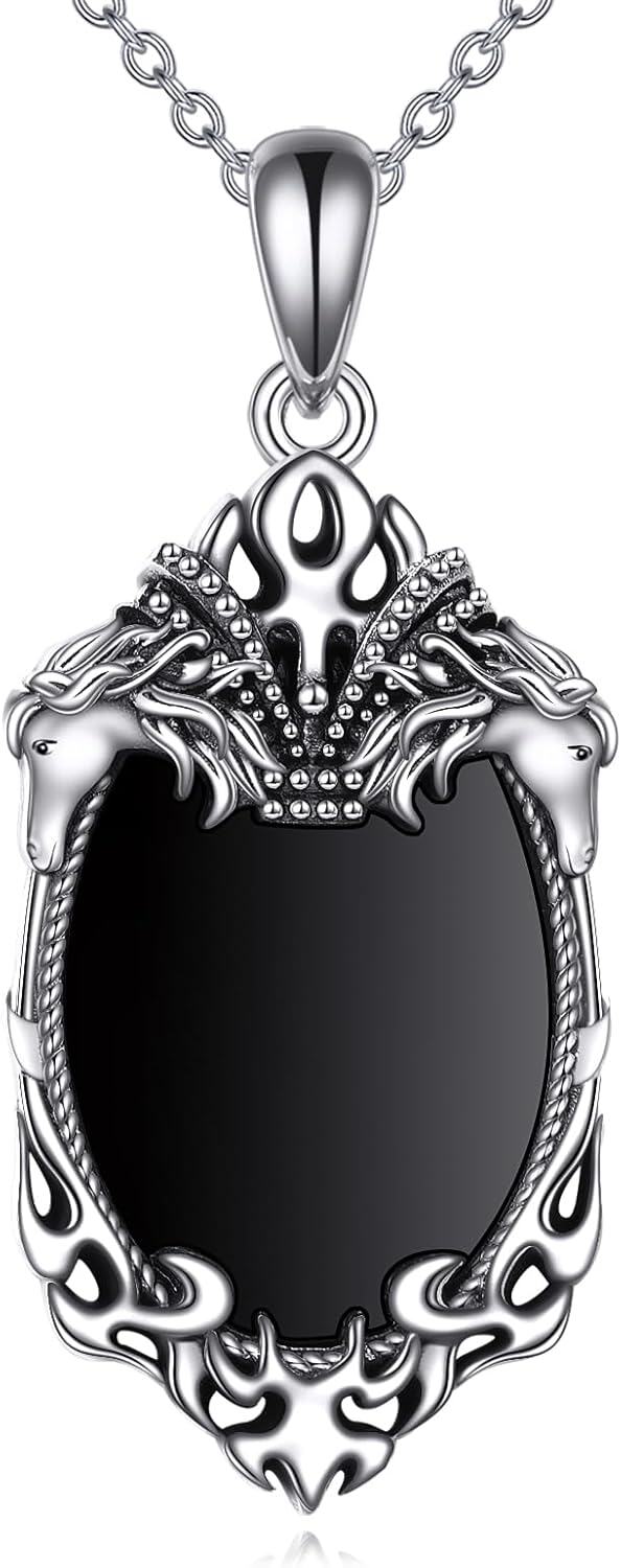 wholesale 925 Sterling Silver Gothic Black Onyx Pendant Necklace with Horse Heads and Crown Design for Women's Halloween Jewelry-0-0