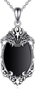 wholesale 925 Sterling Silver Gothic Black Onyx Pendant Necklace with Horse Heads and Crown Design for Women's Halloween Jewelry-0-0