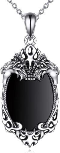 wholesale 925 Sterling Silver Gothic Black Onyx Pendant Necklace with Horse Heads and Crown Design for Women's Halloween Jewelry-Horse