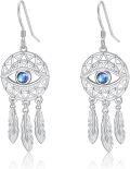 wholesale 925 Sterling Silver & Blue Cubic Zirconia Bohemian Dream Catcher Evil Eye Pendant Earrings with Leaf Pattern for Women-0-0
