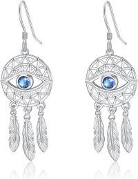 wholesale 925 Sterling Silver & Blue Cubic Zirconia Bohemian Dream Catcher Evil Eye Pendant Earrings with Leaf Pattern for Women-Dream Catcher Earrings