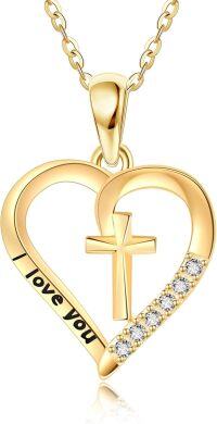 wholesale 14K Gold Heart with Cross and Cubic Zirconia Pendant Necklace for Women-heart cross