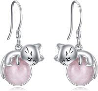 wholesale 14K Gold Pink Crystal Black Cat Pendant Necklace for Women Cats Lover-Cat Rose Quartz