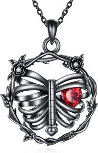 wholesale 925 Sterling Silver Red Crystal Butterfly Cage Pendant Necklace with Black Enamel and Flower Accents-Rib Necklace