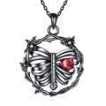 wholesale 925 Sterling Silver Red Crystal Butterfly Cage Pendant Necklace with Black Enamel and Flower Accents-0-0