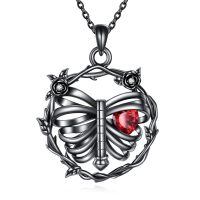 wholesale 925 Sterling Silver Red Crystal Butterfly Cage Pendant Necklace with Black Enamel and Flower Accents-Rib Necklace