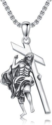 wholesale 925 Sterling Silver &  Jesus Carrying the Cross Pendant Necklaces for Men/Women-V Jesus Cross Necklace A