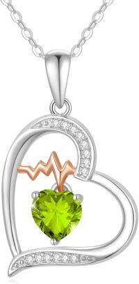 wholesale 925 Sterling Silver Gemstone Love Heart Birthstone Necklace with Heartbeat Pendant for Women Gift for Mother Wife Girlfriend-08-Aug-Peridot