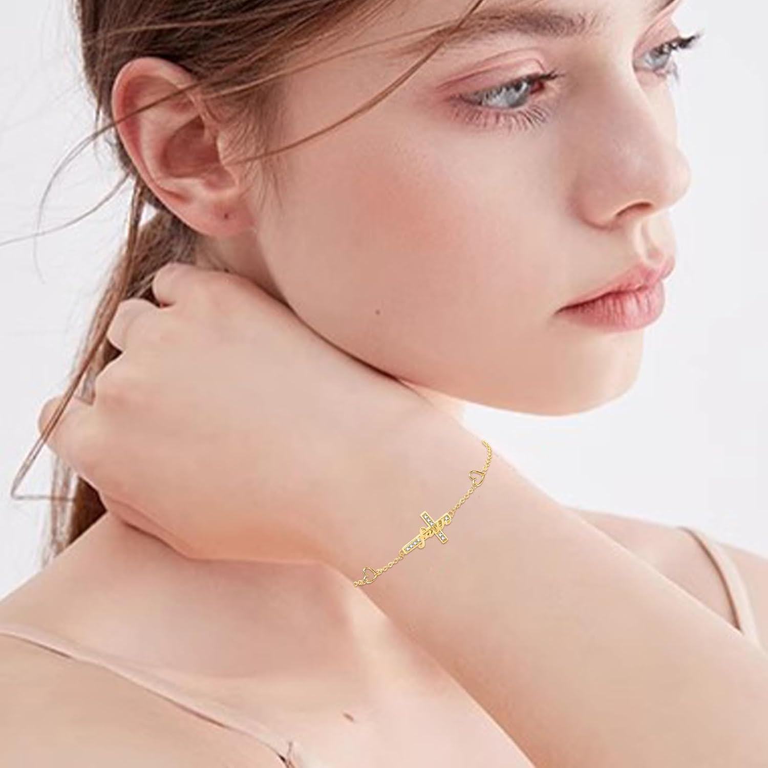 wholesale Gold 925 Sterling Silver Faith Cross Bracelet - Christian Religious Jewelry - Adjustable Length Confirmation Gift for Women & Girls-0-3