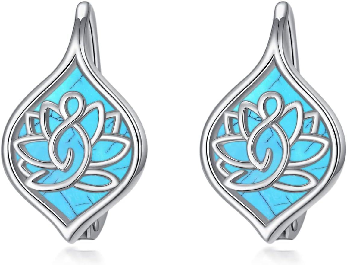 Sterling Silver Skull Stud Earrings with Lotus Hummingbird Squirrel Cow Gift for Women Men-Turquoise Lotus Leverback