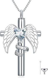 wholesale Sterling Silver Birthstone Angel Wing Cross Rose Heart Cremation Urn Necklace for Women with Funnel Kit ( chars)-Cross Personalized 04-Apr-White Zirconia-Cross Non-personalized 04-Apr-White Zirconia
