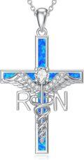 wholesale 925 Sterling Silver Blue Opal Caduceus Angel Wings RN Cross Pendant Necklace-0-0