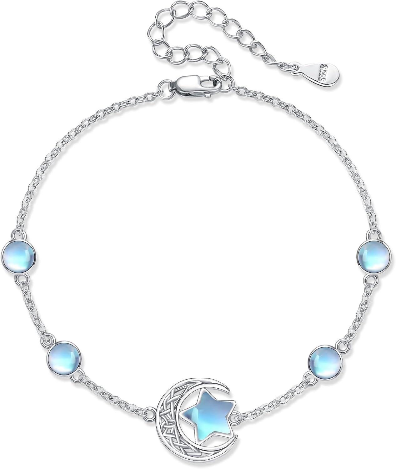 Sterling Silver Paper Clip Knot Byzantine Double Layered Cross Link Adjustable Bracelet Jewelry Gift for Women Girls -Moonstone