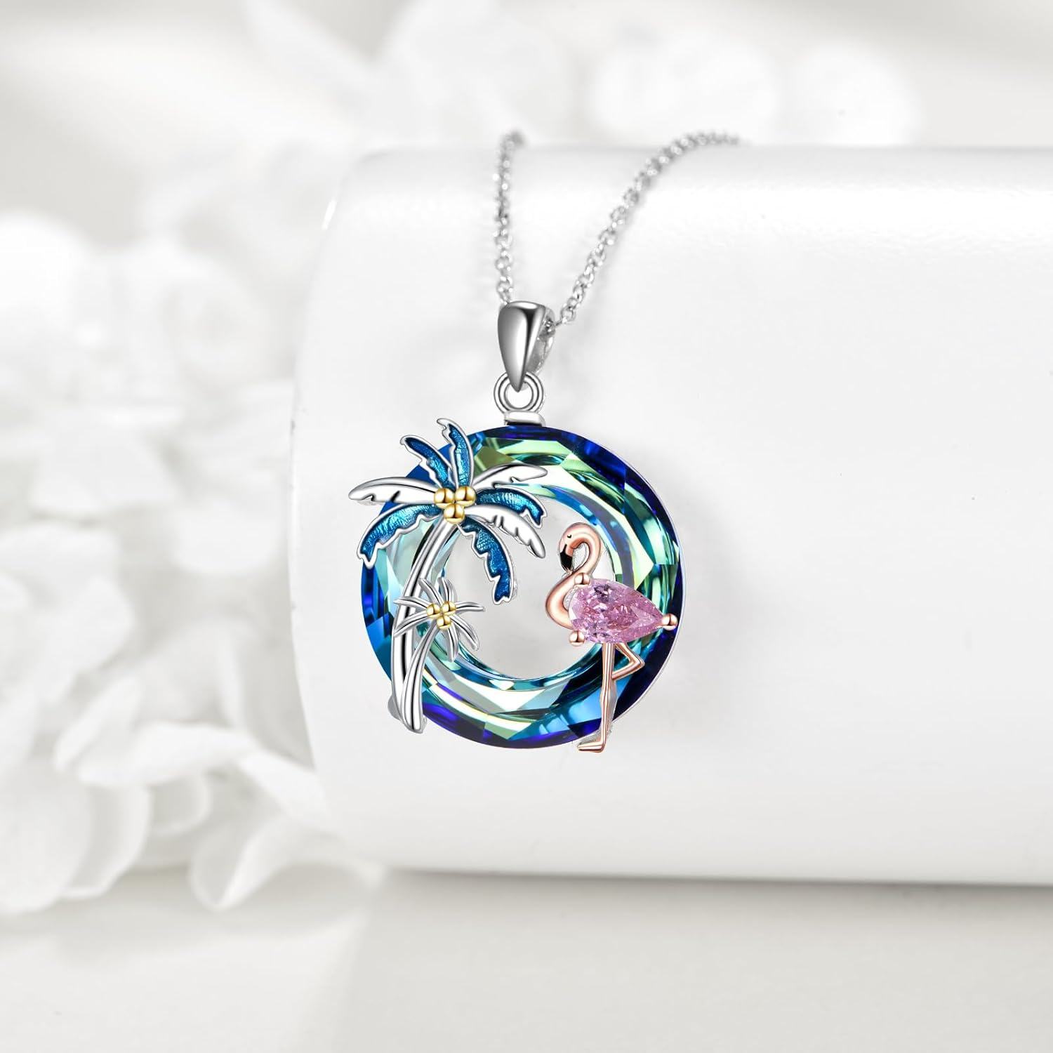 Sterling Silver Crystal Flamingo Pendant Necklace w Palm Trees-0-4